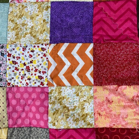 Handmade Patchwork Rag Quilt Multicolor Cross Design Shaggy Cotton Blanket 51x60 - Picture 6 of 8